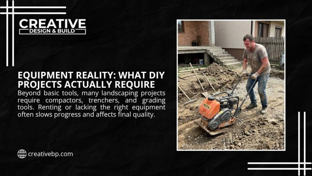 Worker operating a rental plate compactor in a backyard excavation, showing the heavy equipment DIY landscape projects actually require.