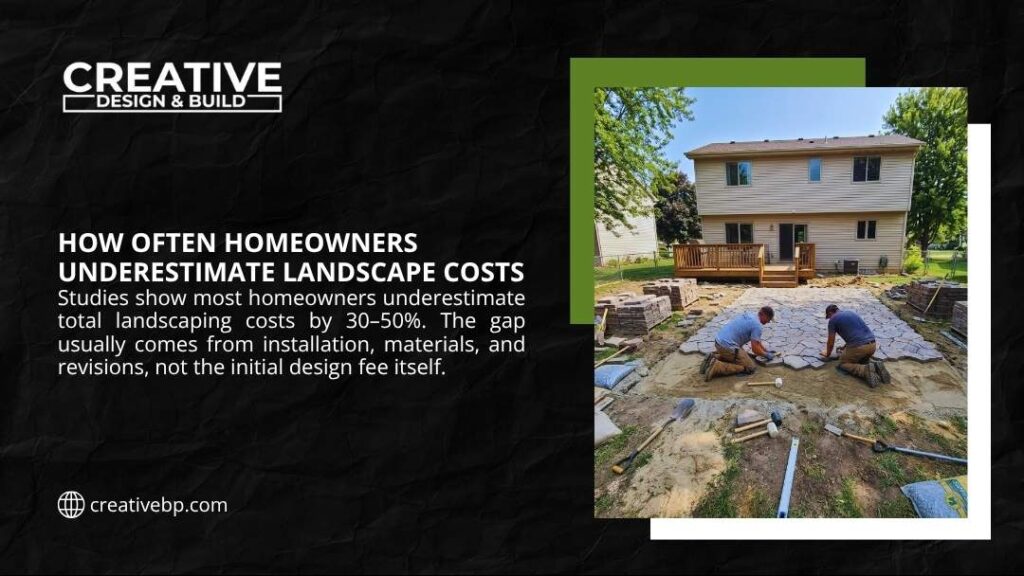Two workers laying stone pavers in a backyard, showing how homeowners underestimate landscape costs by 30–50% beyond the initial design fee.