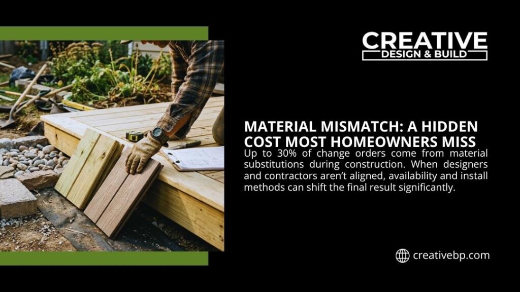 Contractor comparing mismatched wood deck materials on-site, illustrating hidden costs from material substitutions driving 30% of change orders.