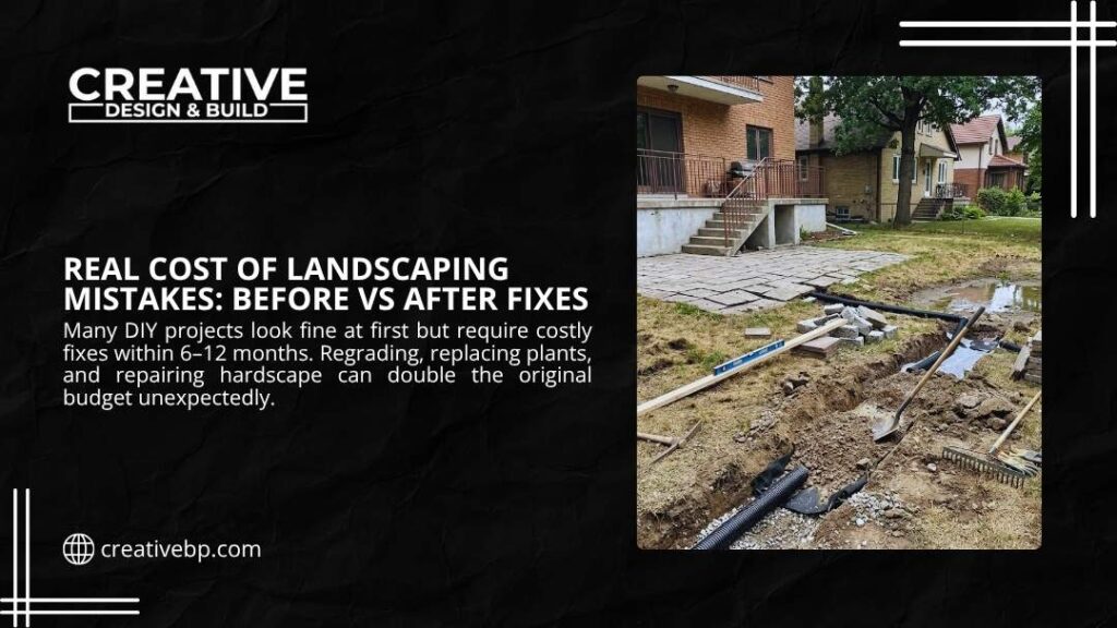 Failed DIY landscaping with drainage trench and pooling water showing the real cost of mistakes requiring regrading and hardscape fixes.