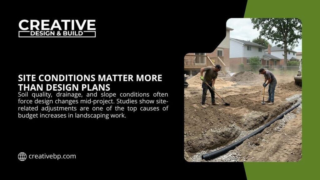 Landscaping crew installing drainage pipe in excavated backyard, showing how site conditions like soil and slope override design plans.