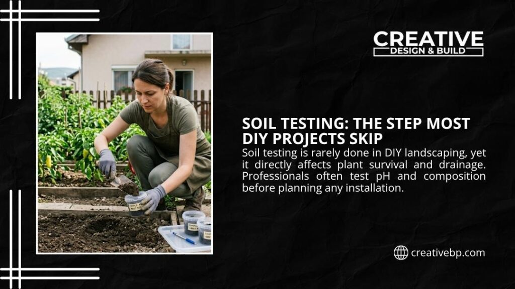 Woman in gardening clothes and gloves crouching in a garden bed, using a trowel to collect soil sample into a plastic container for soil testing, with additional sample jars nearby.