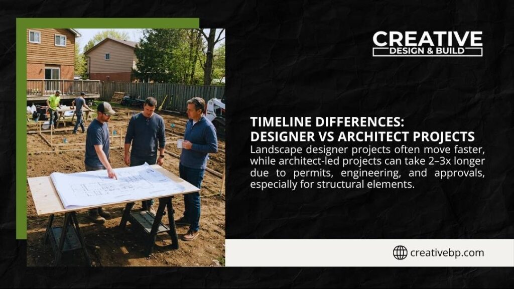 Designer and homeowner reviewing blueprints on-site, illustrating timeline differences where architect projects take 2–3x longer than designer-led ones.