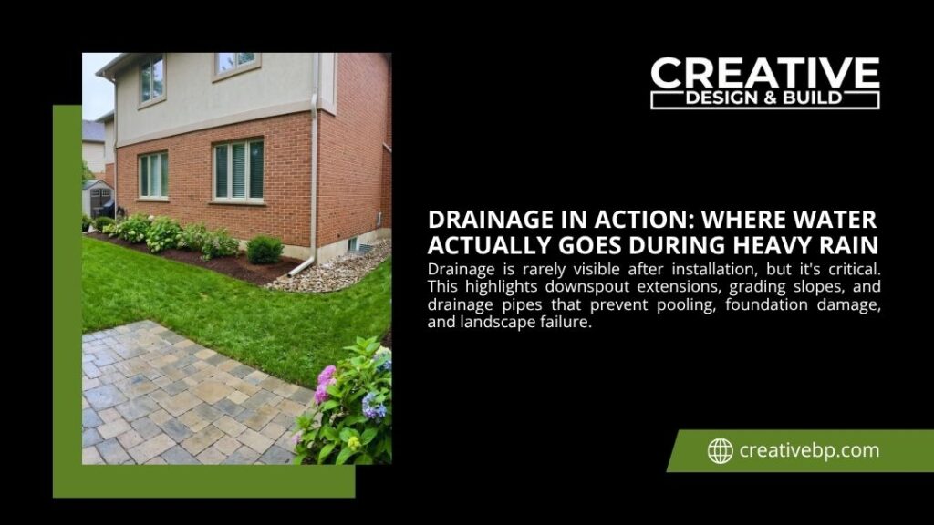 A house with downspout extensions and sloped grading, showing how effective drainage systems manage water runoff to prevent foundation damage.