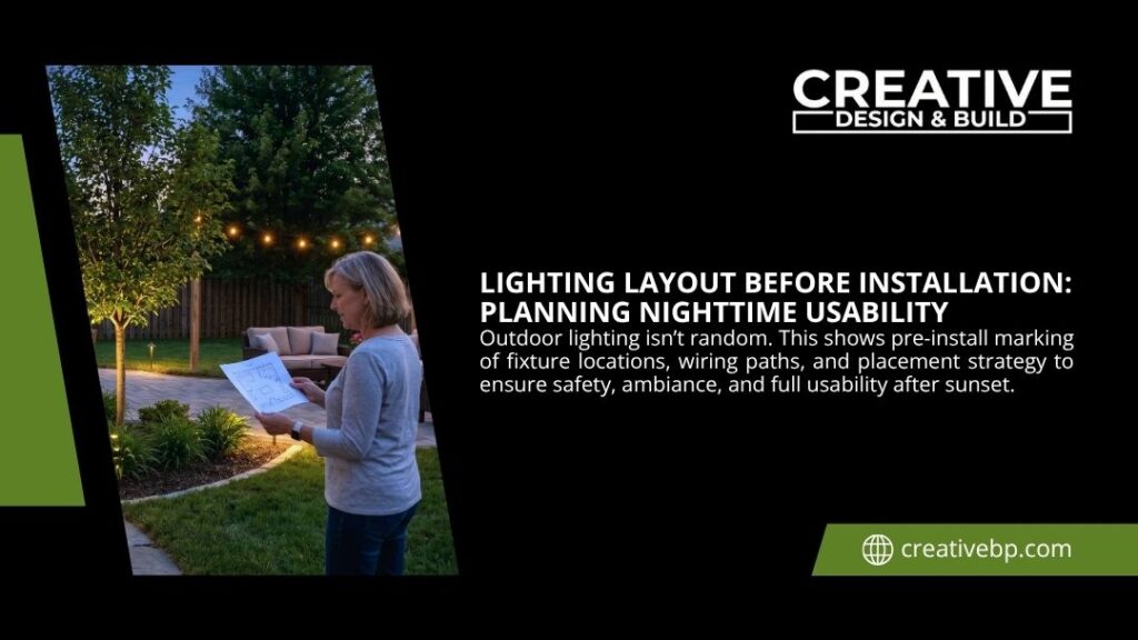 A homeowner reviewing a lighting layout for nighttime usability, planning fixture locations and wiring paths to ensure safe and effective outdoor lighting installation.