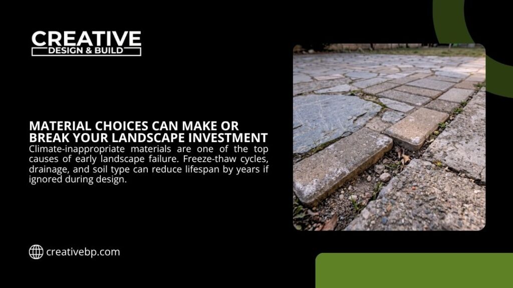 Cracked and uneven pavers showing how poor material choices can lead to landscape investment failure due to freeze-thaw cycles and drainage issues.