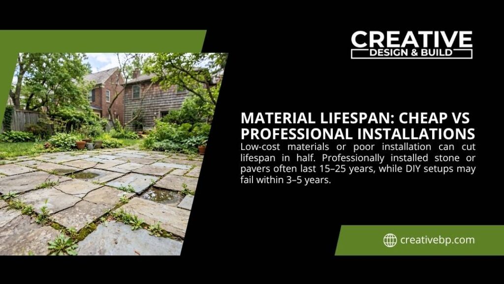Cracked and weed-filled stone pavers in an aging garden patio, illustrating the material lifespan difference between cheap and professional installations.