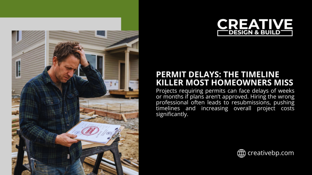 Frustrated homeowner holding a denied permit on a construction site, illustrating how permit delays can derail home project timelines.