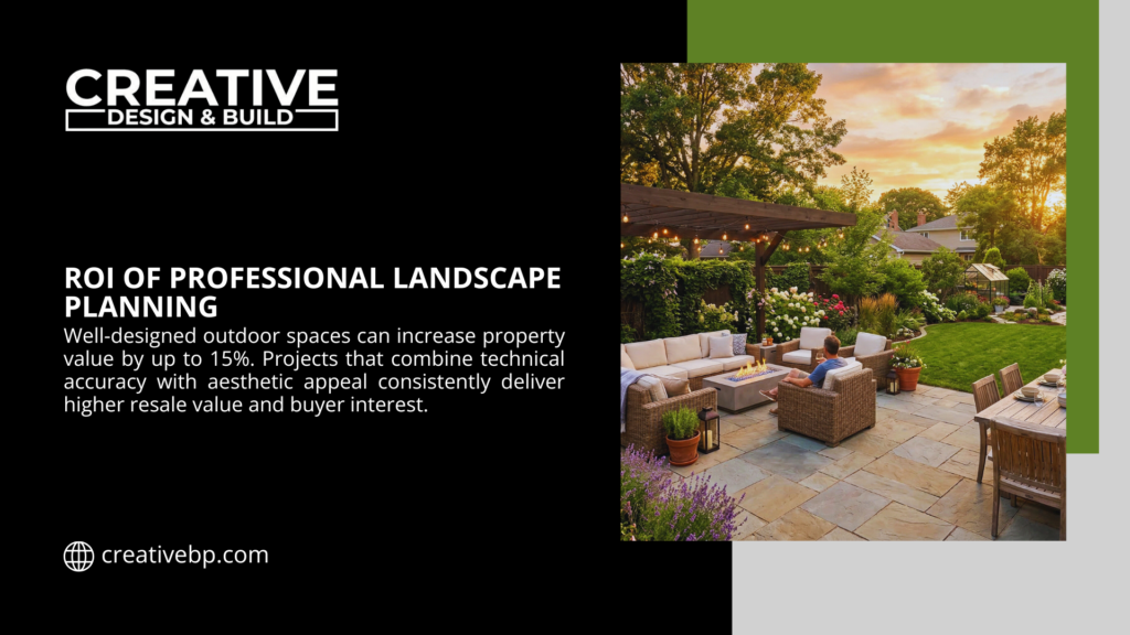 Beautifully landscaped backyard with a stone patio, pergola, and lush gardens at sunset, showcasing the ROI of professional landscape planning.