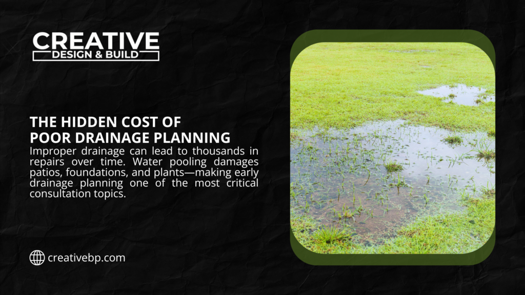 Waterlogged lawn with standing puddles on grass, illustrating how poor drainage planning causes costly damage to yards, patios, and foundations.