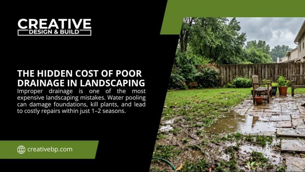 A waterlogged backyard patio with pooling water and muddy stone pavers, illustrating the hidden cost of poor drainage in landscaping projects.