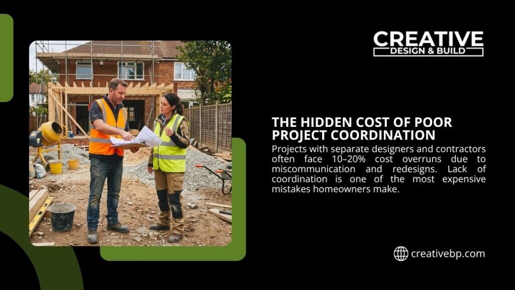 Two contractors reviewing blueprints on a construction site, highlighting how poor project coordination can lead to costly overruns and miscommunication.