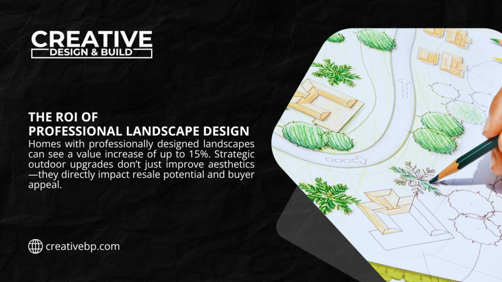Hand sketching a detailed color landscape design plan with trees and structures, illustrating the ROI of investing in professional landscape design.