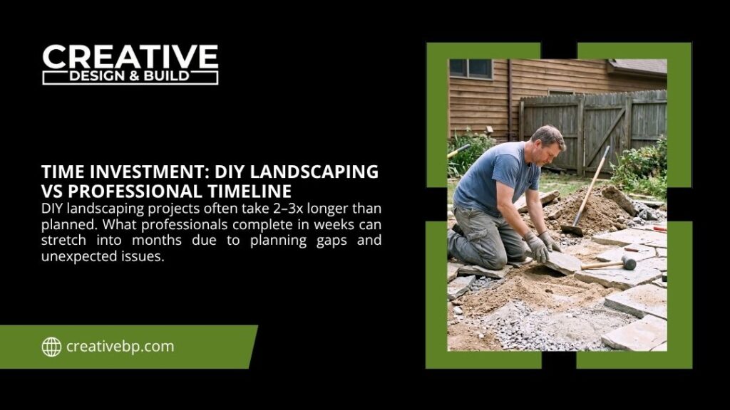 A man DIY landscaping a stone patio, illustrating the time investment differences between DIY and professional timelines for Creative Design & Build.