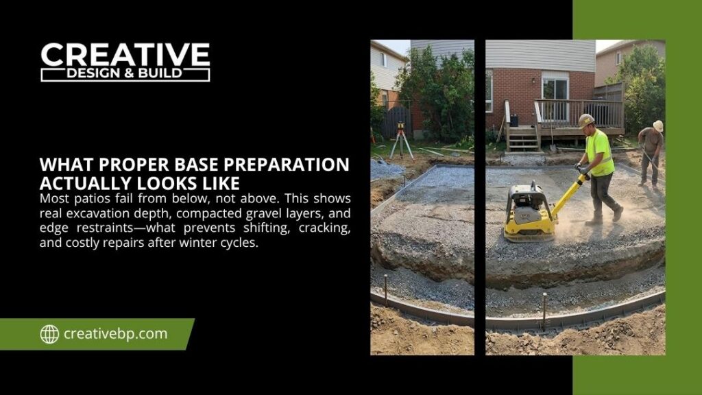 A worker operates a plate compactor on excavated gravel in a backyard, showing what proper base preparation actually looks like for patio installations.