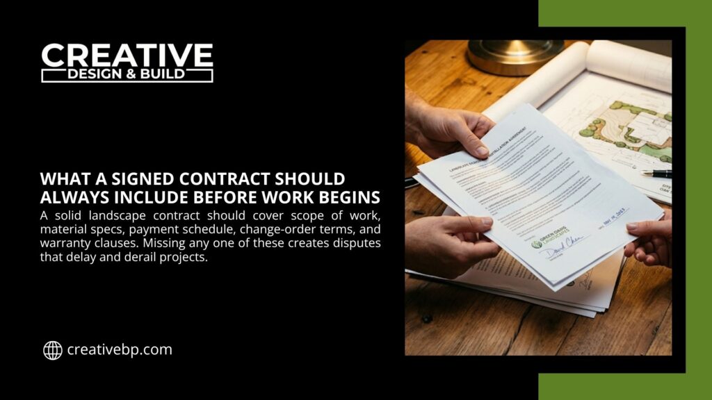 Hands reviewing signed landscape design contract and blueprints on wooden table. Creative Design & Build illustration detailing what a signed contract should always include before work begins