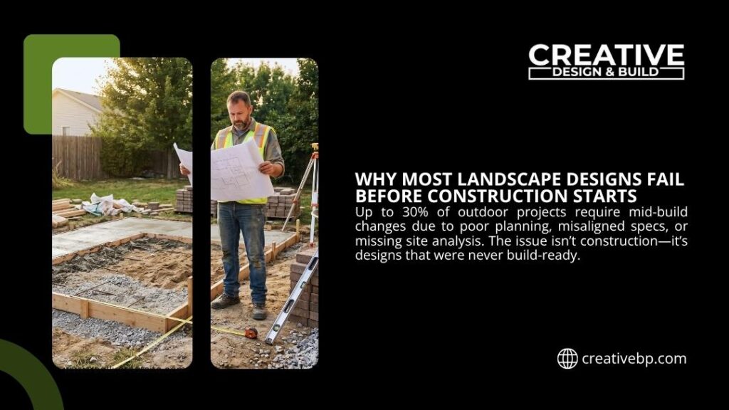 Construction worker reviewing landscape blueprints on active job site. Creative Design & Build illustration explaining why most landscape designs fail before construction starts.