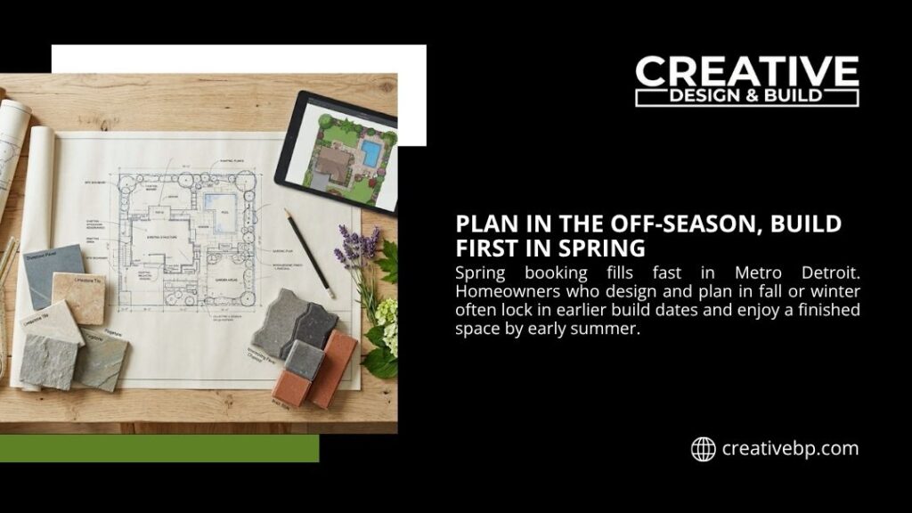 Benefits of Hiring a Design Build Landscape Company - Landscape design plan with paver and stone samples, a tablet rendering, and blueprints, showing off-season planning to build first in spring.