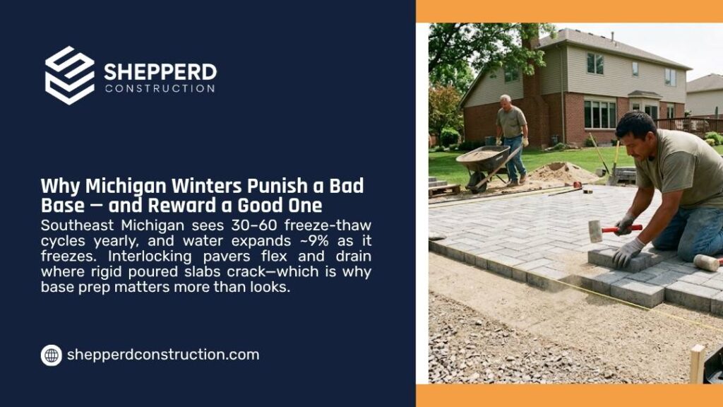 Paver base prep for freeze-thaw graphic by Shepperd Construction showing workers laying interlocking pavers on a prepared base in a backyard