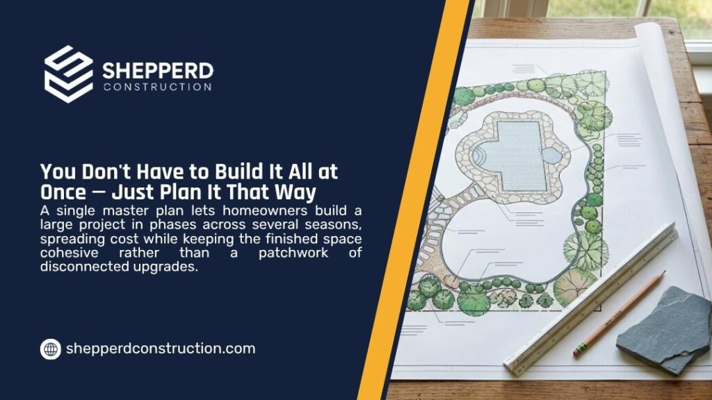 Phased backyard master plan graphic by Shepperd Construction showing a detailed landscape design drawing with a pool, ruler and pencil on a table