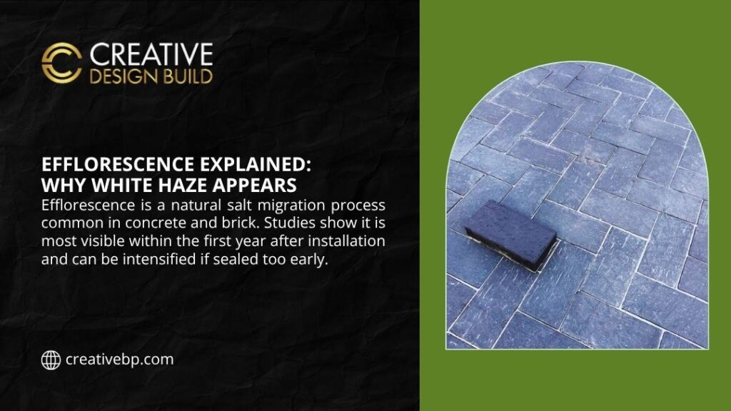 Infographic explaining efflorescence, a natural salt migration process in concrete and brick that causes white haze, shown on blue pavers.