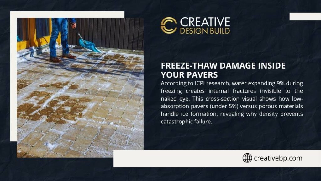 Frost-covered patio with visible freeze-thaw damage on pavers, demonstrating internal fractures caused by water expansion during freezing cycles in Michigan climates