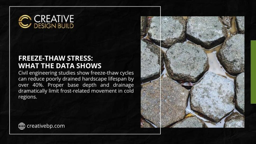 Frost-covered concrete pavers with visible ice formations and drainage issues, illustrating freeze-thaw stress damage and importance of proper base depth for hardscapes