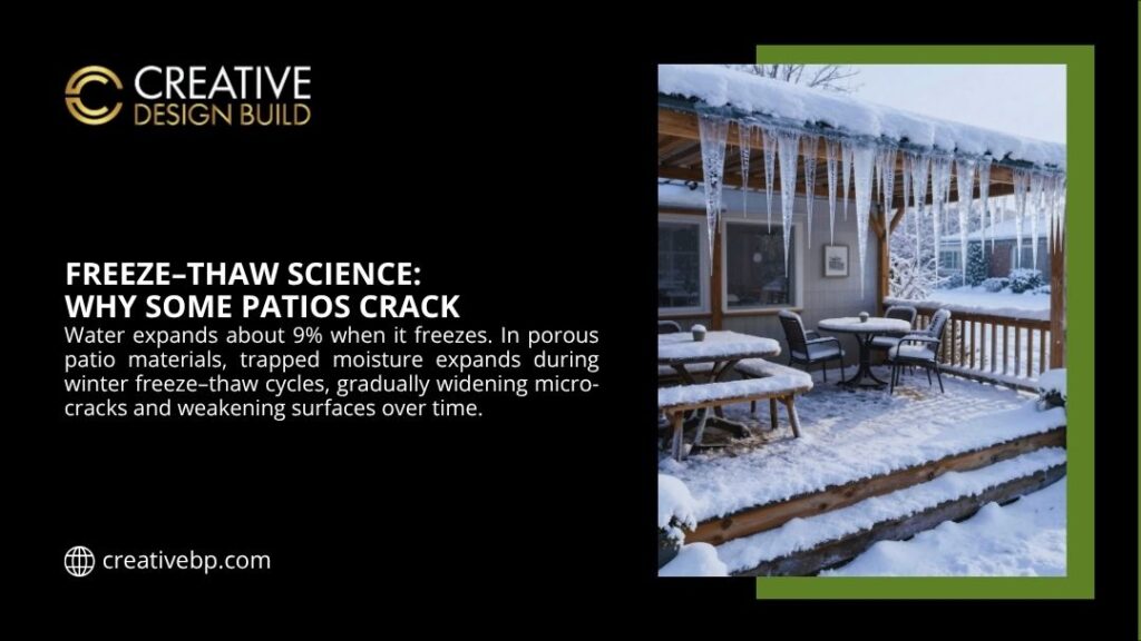 Snow-covered patio with icicles hanging from the roof, illustrating the freeze-thaw science behind why some patios crack in winter.