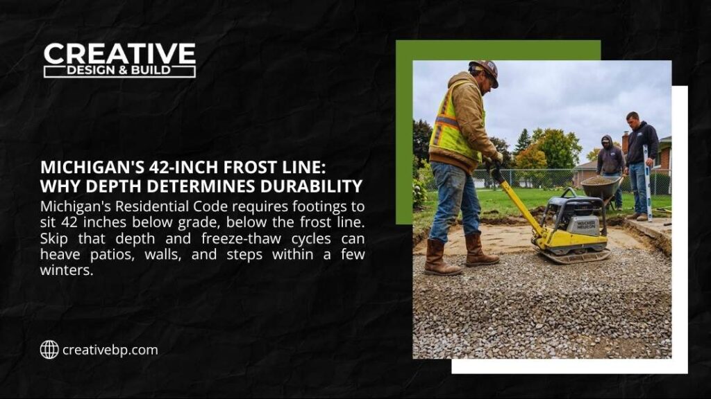 Creative Design & Build graphic: Michigan code requires footings 42 inches below grade, under the frost line, to prevent freeze-thaw heaving. Workers compact gravel at a job site.