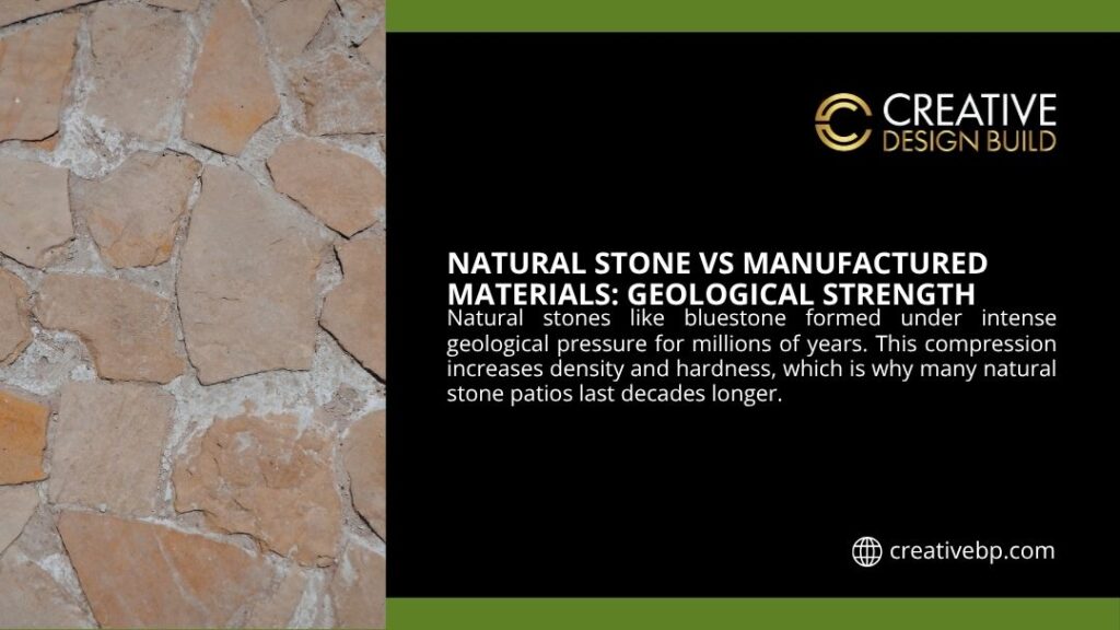 Close-up of a rustic natural bluestone patio surface with irregular tan and gray slabs, visible natural cracks and textured weathering from geological compression