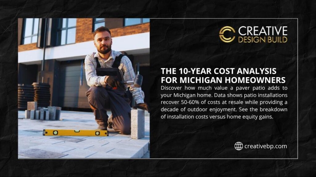 Contractor with level tool measuring paver patio installation, illustrating 10-year cost analysis showing how patio additions recover 50-60% of costs and increase home value