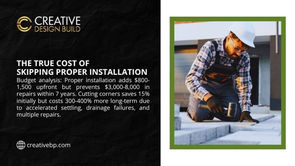 Contractor inspecting improperly installed patio pavers, demonstrating true cost of skipping proper installation leading to expensive repairs and settling damage
