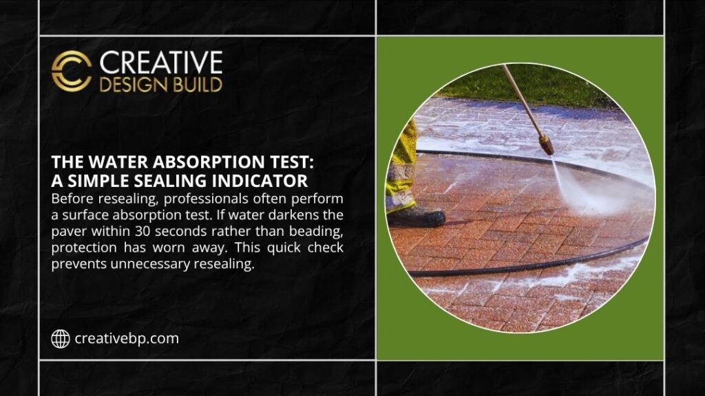 Water absorption test on paved surface showing darkened area within 30 seconds, illustrating sealing indicator for paver protection wear