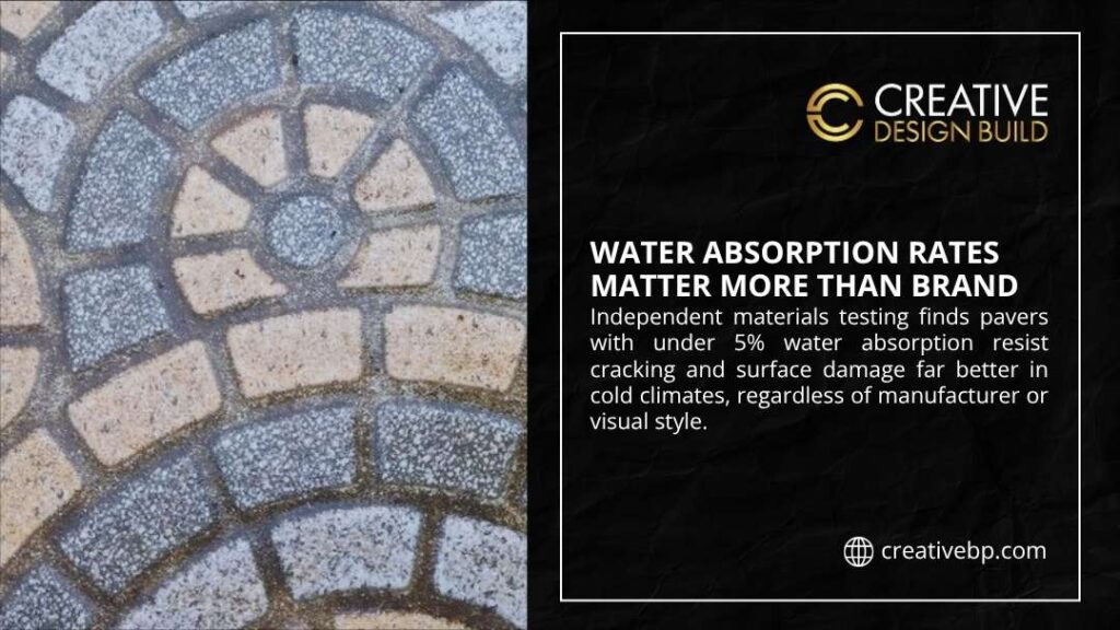 Multi-colored paver patio showing different absorption rates, illustrating how water absorption under 5% matters more than brand for freeze-thaw resistance