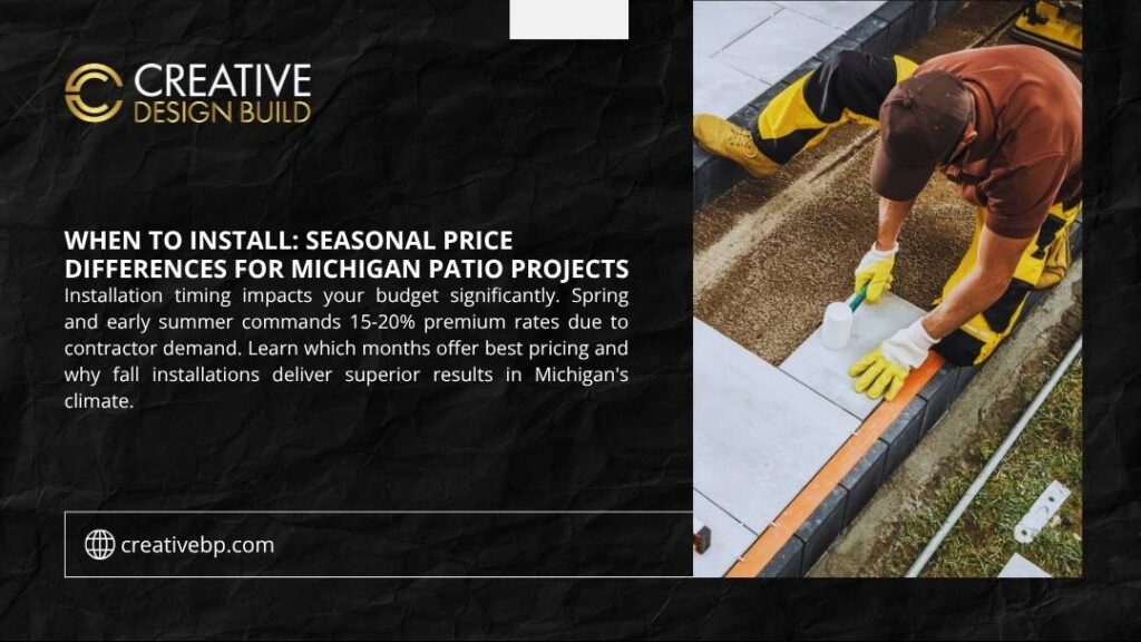 Contractor installing patio pavers, demonstrating seasonal price differences for Michigan patio projects with spring and summer premium rates versus fall installation savings