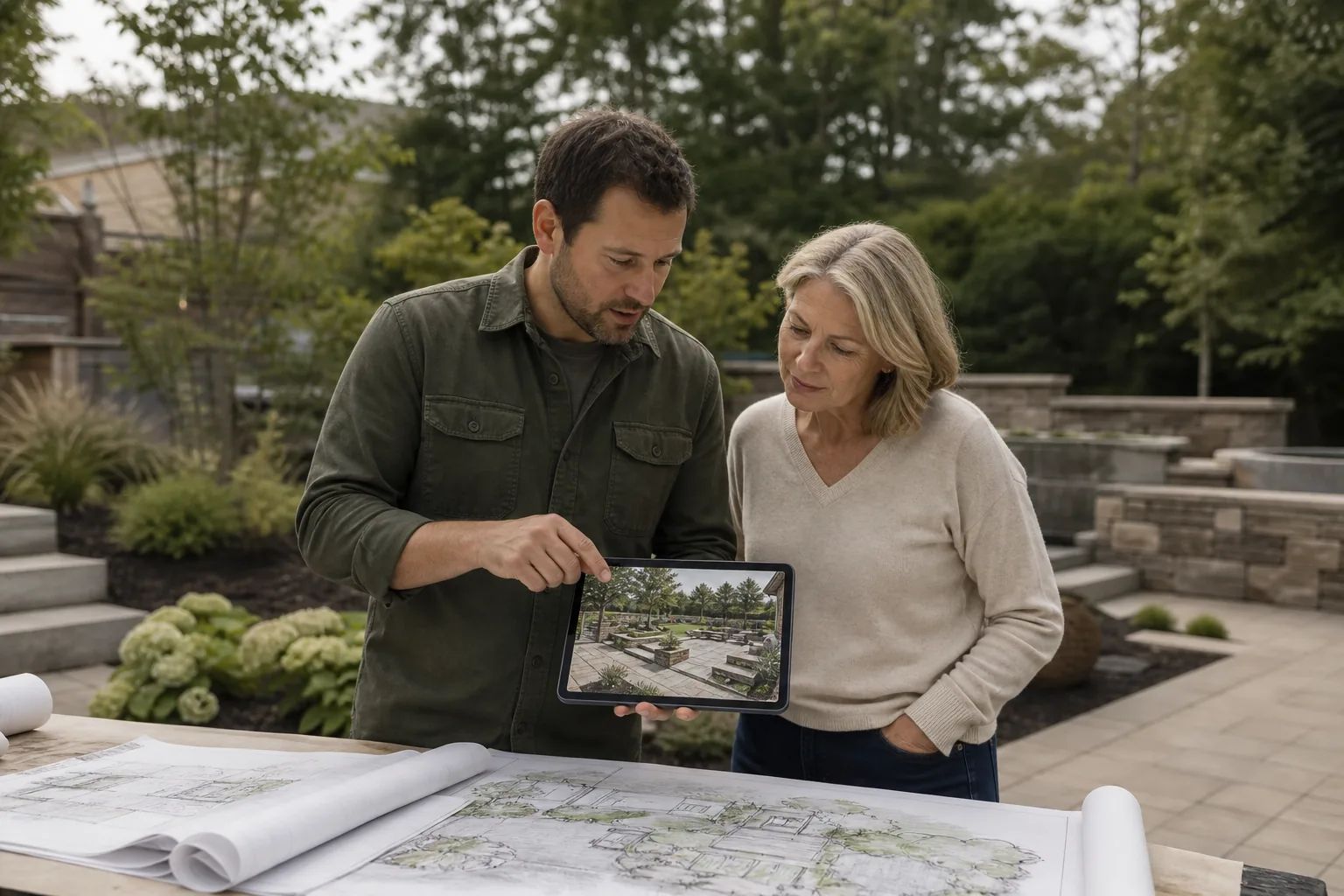 A designer and homeowner reviewing 3D backyard design renderings on a tablet with master plans at a job site