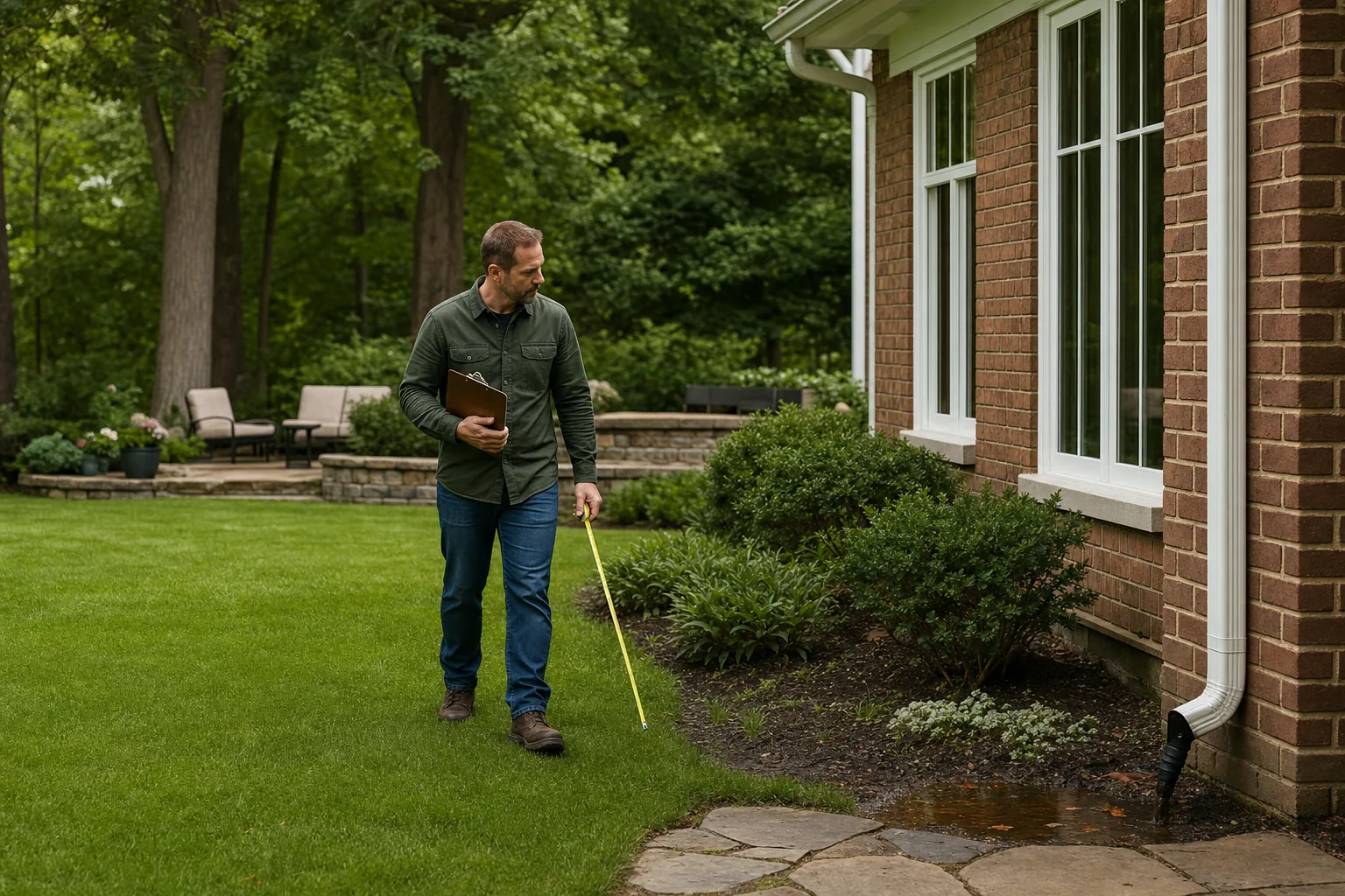 Landscape designer walking and assessing a residential backyard site during a consultation